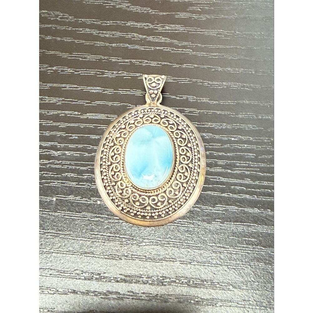 Vintage Sterling Silver 925 Larimar Stone Cabochon Pendant BJC